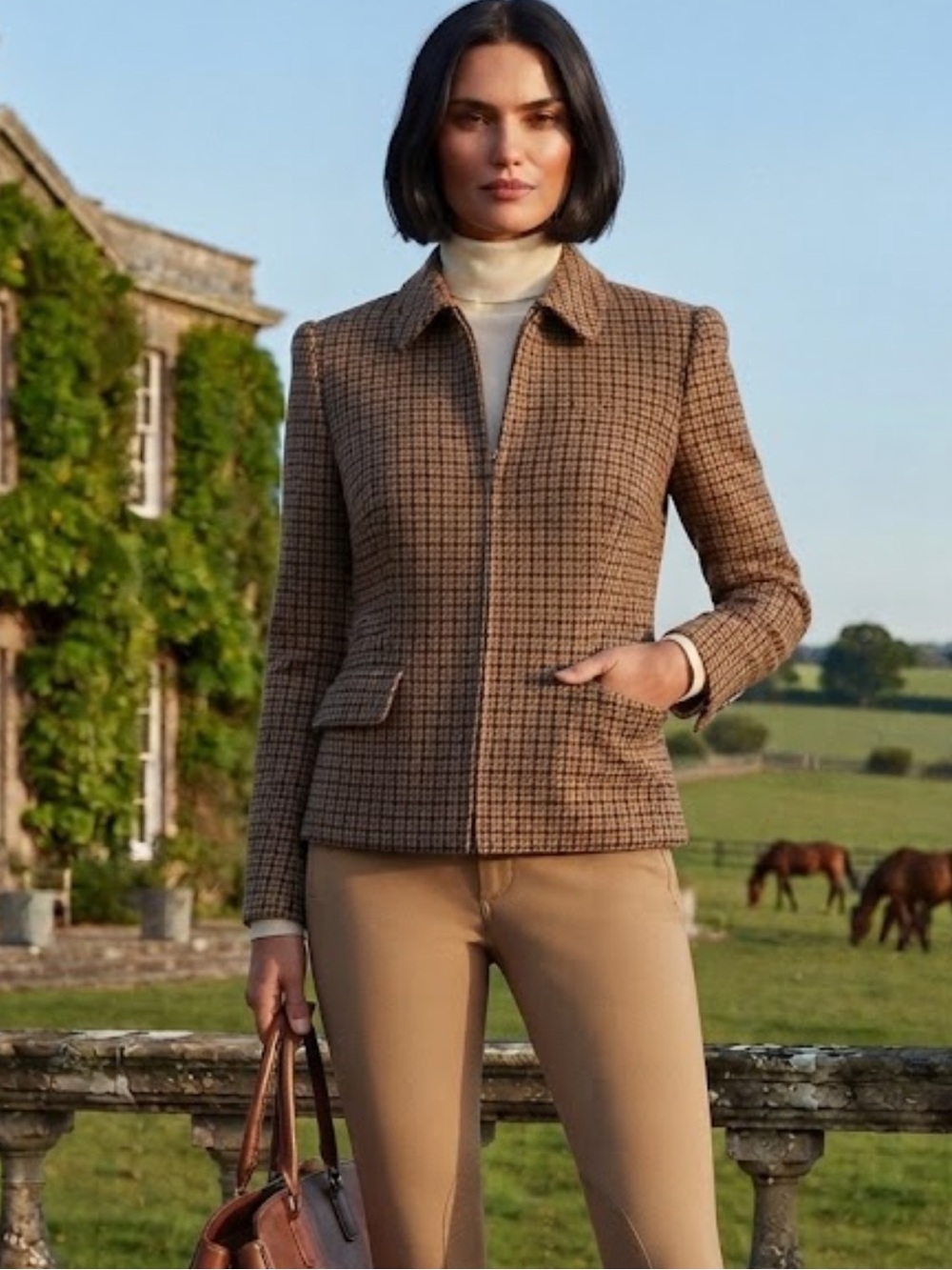 Lauren Ralph Lauren Houndstooth Plaid Zipper Virgin Wool Jacket